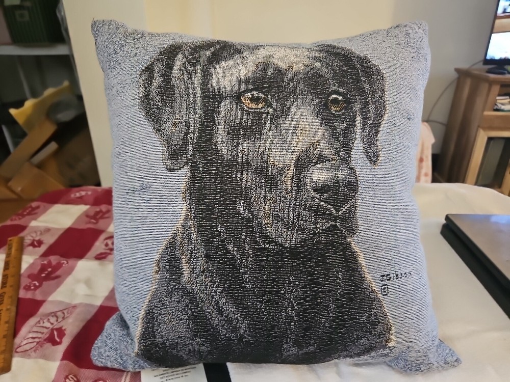 Tapestry Throw Pillow by J Gibson Blue Background Black Labrador Retriever Dog