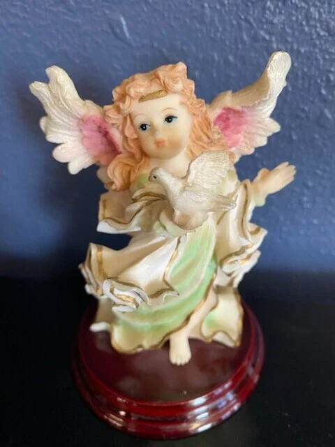 1990s Vintage Resin Angel Girl Figurine Holding Dove in Pink & Green