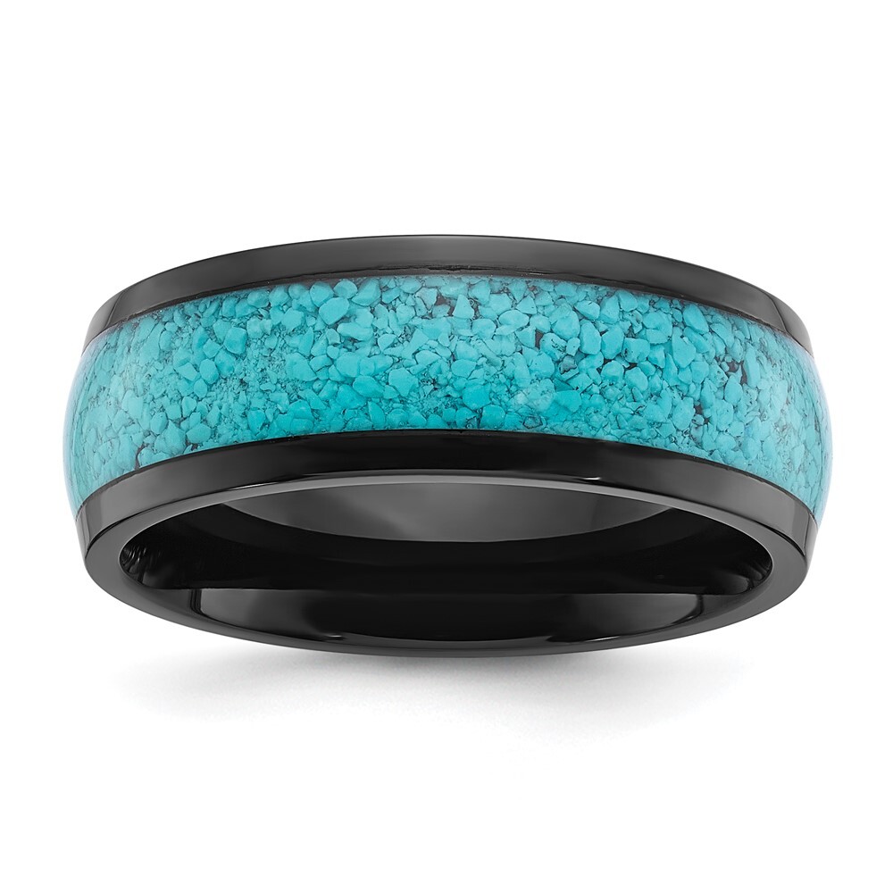 Titanium Polished Black IP-plated with Turquoise Inlay 8mm Band Ring Size 10