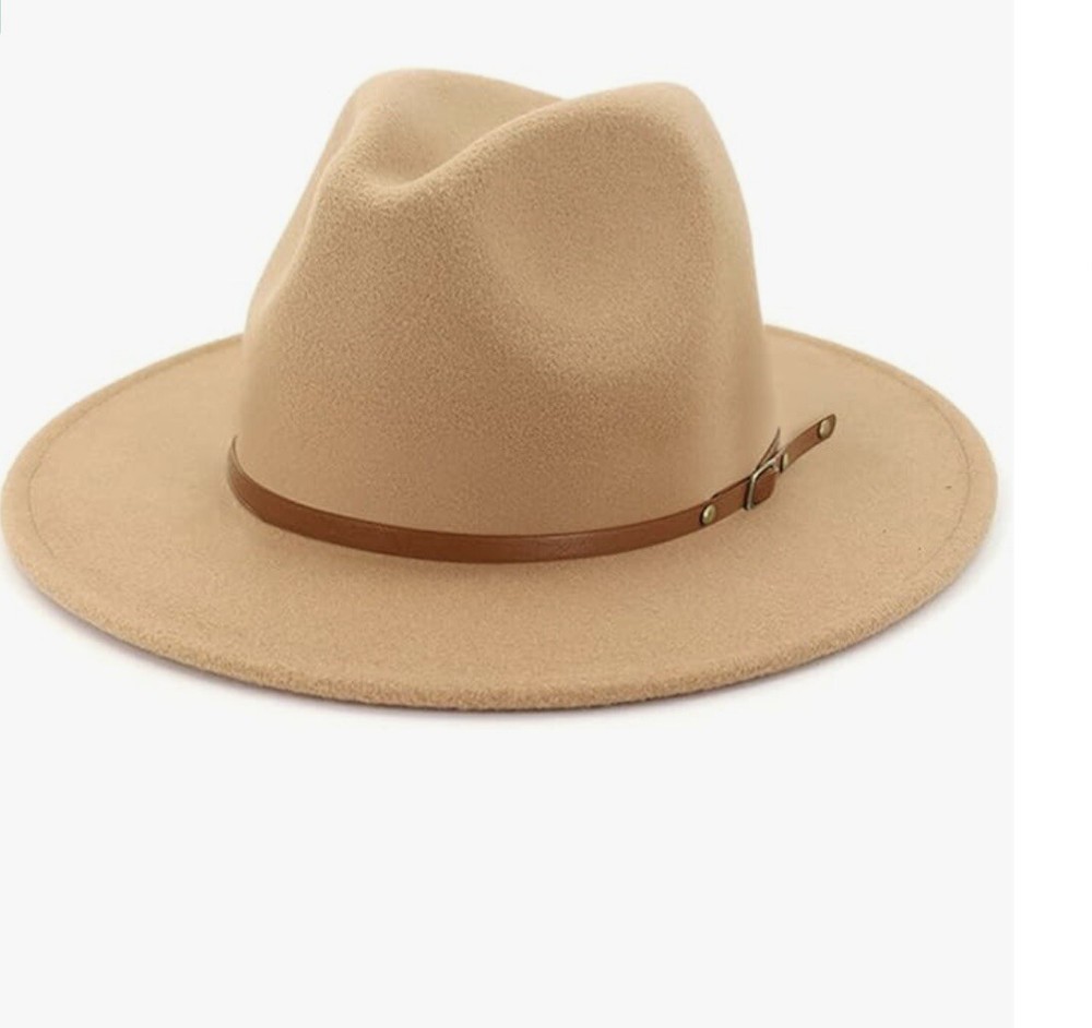 Dantiya Women Wide Brim Wool Fedora Panama Hat with Belt, A-a Camel-image