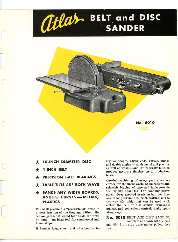 Atlas Belt & Disc Sander model 5010 Atlas Press Co Kalamazoo Mich c1950 brochure