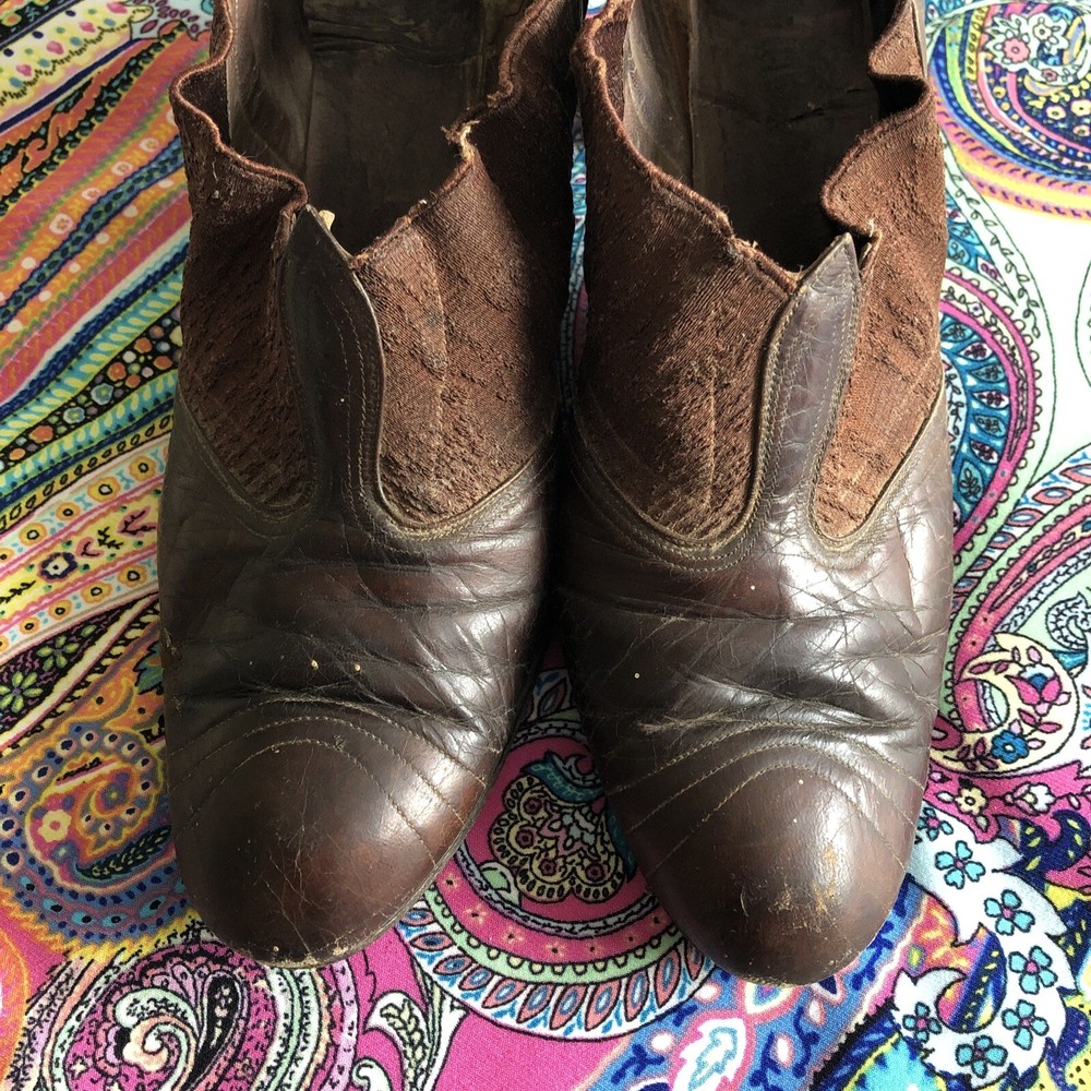 Antique Victorian Women's High Heel Shoes Brown Leather Pointed Toe Slip-on