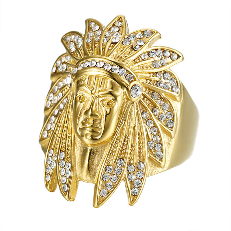 Stainless Steel Indian Chief Casting Ring 18k Gold Plated With Zircon Jewelry