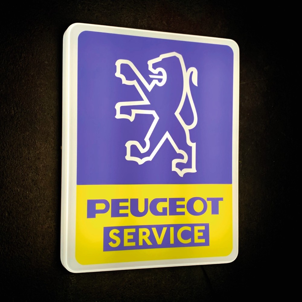 Illuminate your garage with the PEUGEOT Service LED Light Box Wall Sign – a stylish and vibrant tribute to iconic models like the 205 GTI, 104, 305, and 504. Perfect for enthusiasts and professionals alike!