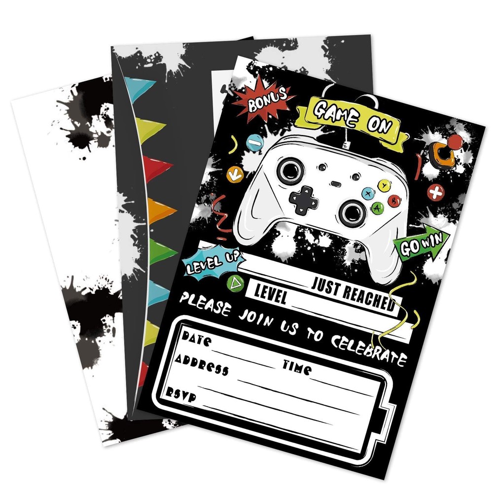 WERNNSAI Watercolor Video Game Party Invites - 20 Set Fill-in Invitations wit...