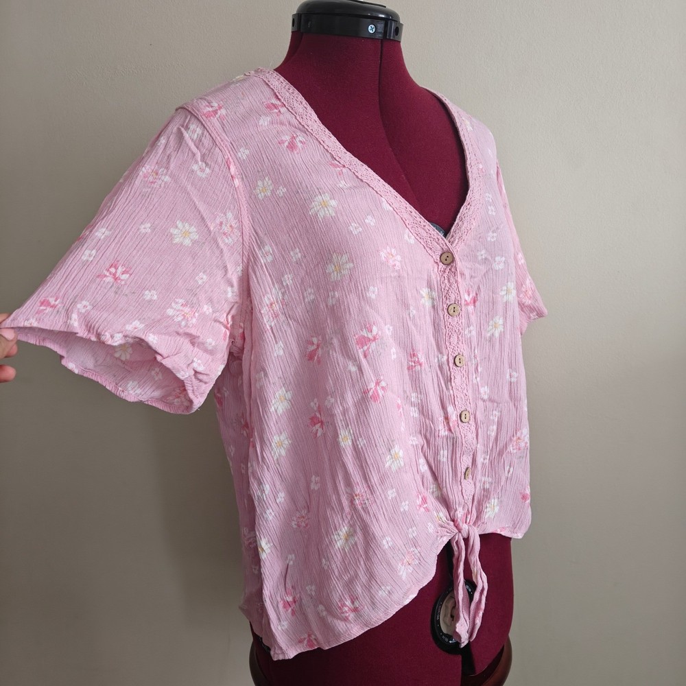 Hippie Rose Women's Top Button Front Pink Floral Tie V Neck Blouse XL