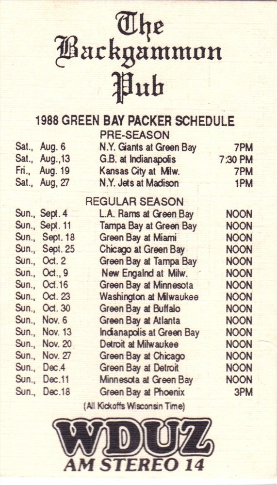 1988 Green Bay Packers, Badgers Football Pocket Schedule- Backgammon Pub