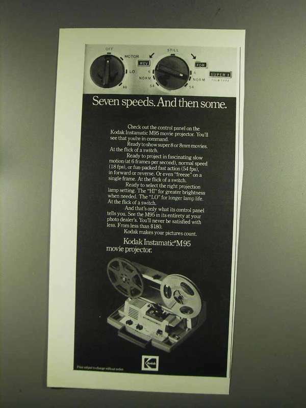 1972 Kodak M95 Movie Projector Ad Featuring Seven Speed Options