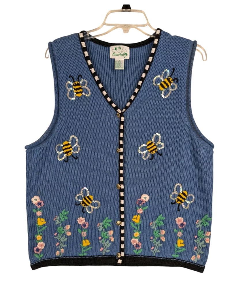 Chaleco Suéter M Quacker Factory Botón Frontal Lentejuelas Abejas Abejorros Bordado-image