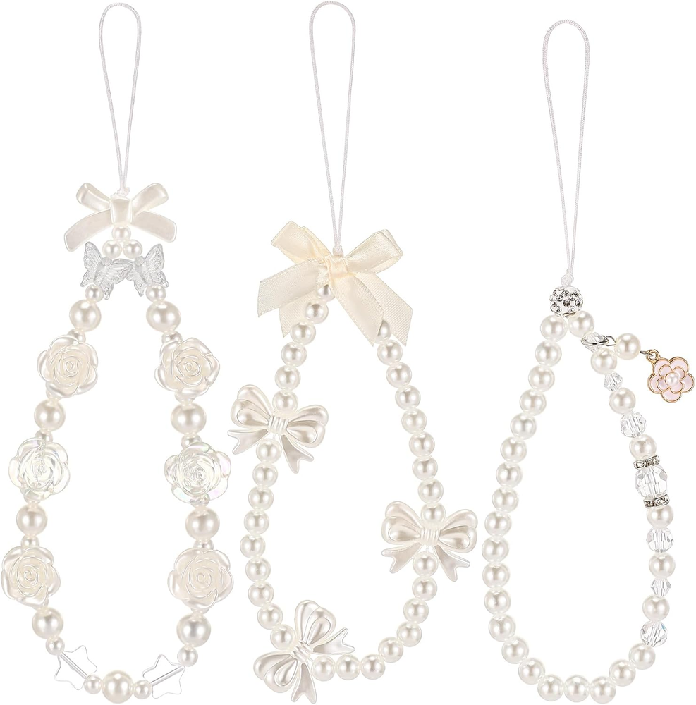 3 Pcs Beaded Phone Charms Pearl Butterfly Flower Straps Phone Keychain & Wallet