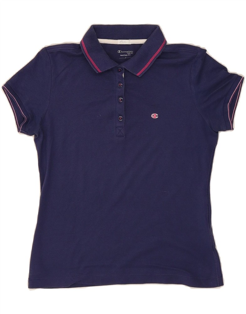 CHAMPION Womens Heritage Fit Polo Shirt UK 12 Medium Navy Blue Cotton DC19