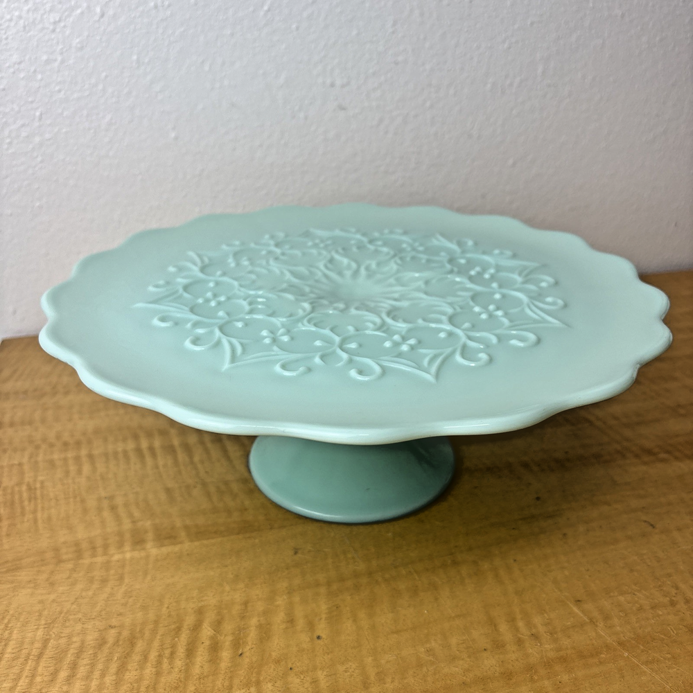 Fenton Glass Turquoise Blue Spanish Lace Cake Plate Pedestal Stand