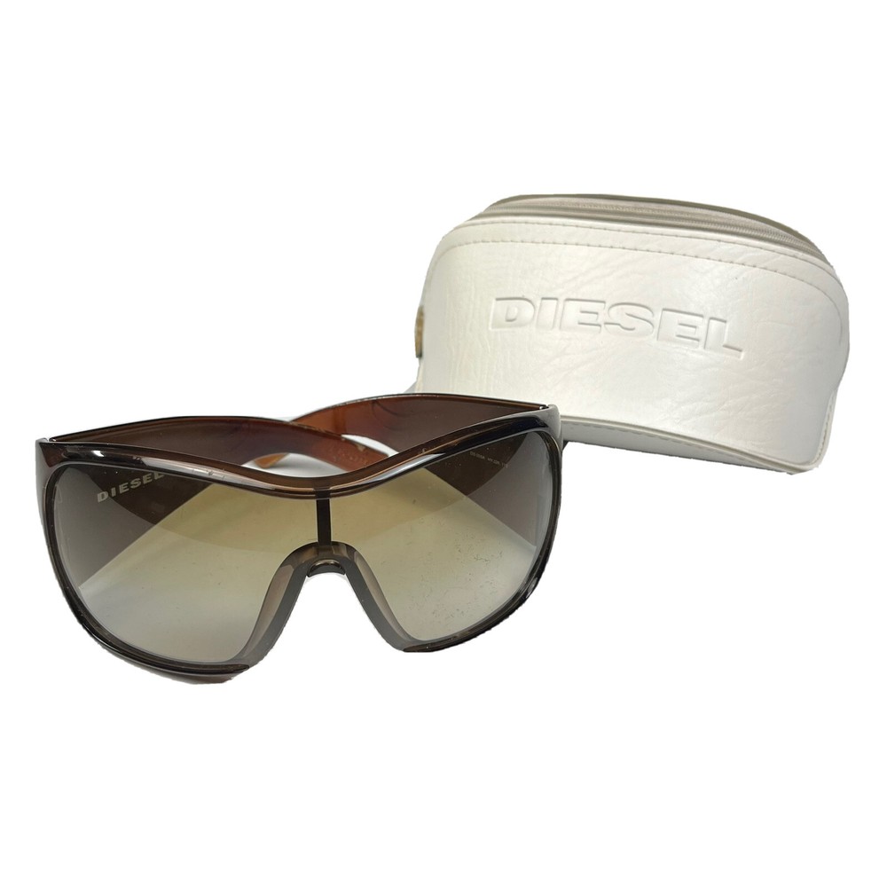 Vintage Y2K Diesel Sunglasses & Case Brown Shield Wrap Style White Leather