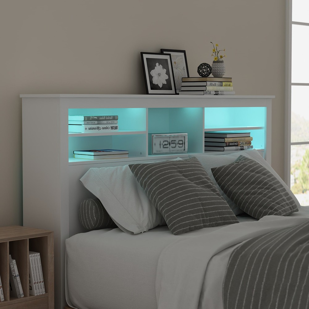 65W x 43H White Queen Bookcase Headboard with Built-In Light