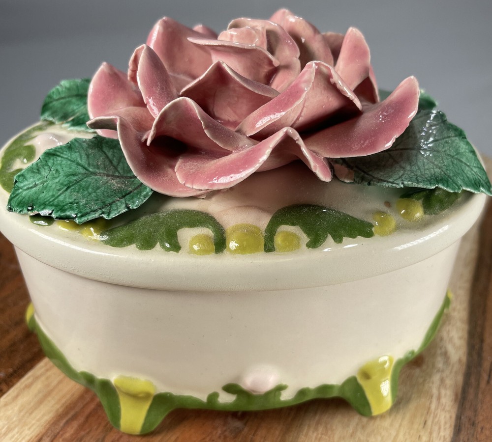 Vintage Porcelain Footed Trinket Box with Hand-Painted Rose Design