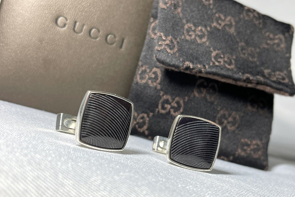 Auth Rare Gucci Wave Line Square Sterling Silver Cufflinks with Box