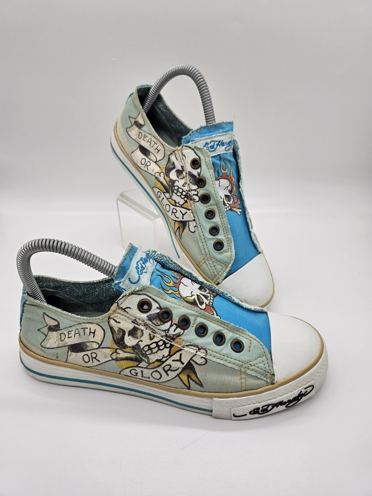 Ed Hardy Women's Size 7 Shoes Flaming Skull Slip On Death Or Glory Blue Green