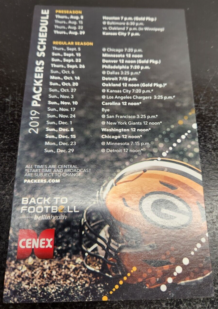2019 NFL Green Bay Packers Football Magnetic Schedule - Cenex is the sponsor