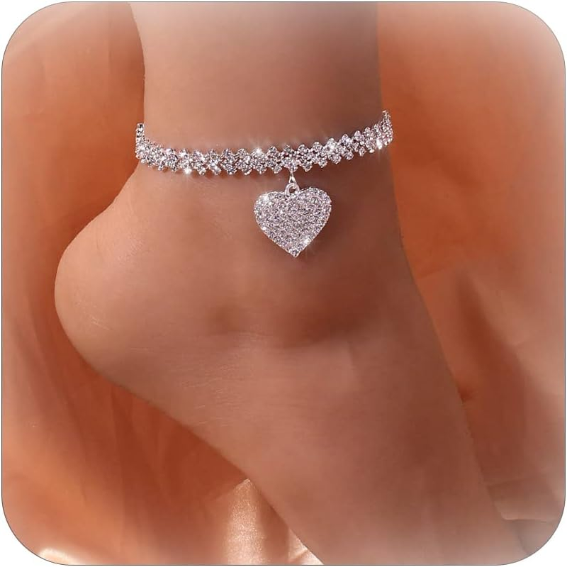 Silver Heart Boho Ankle Bracelet for Women with Rhinestones Waterproof