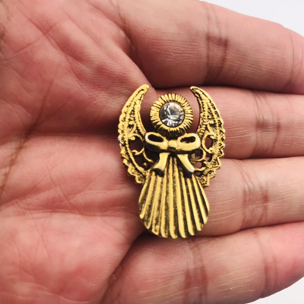 Abbey Press Gold Tone Crystal Rhinestone 3D Guardian Angel Tie Lapel Pin 1.25