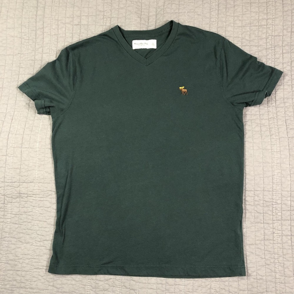 Abercrombie & Fitch Shirt Men Large Green V Neck Soft Moose Logo Tee Casual-image