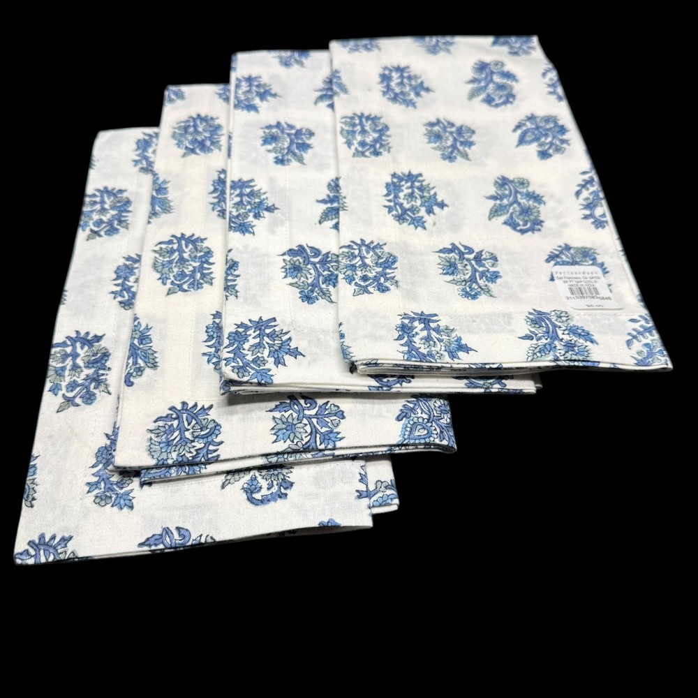 Set of 4 Pottery Barn Sophia Florals Denim Blue Cotton Napkins Unused