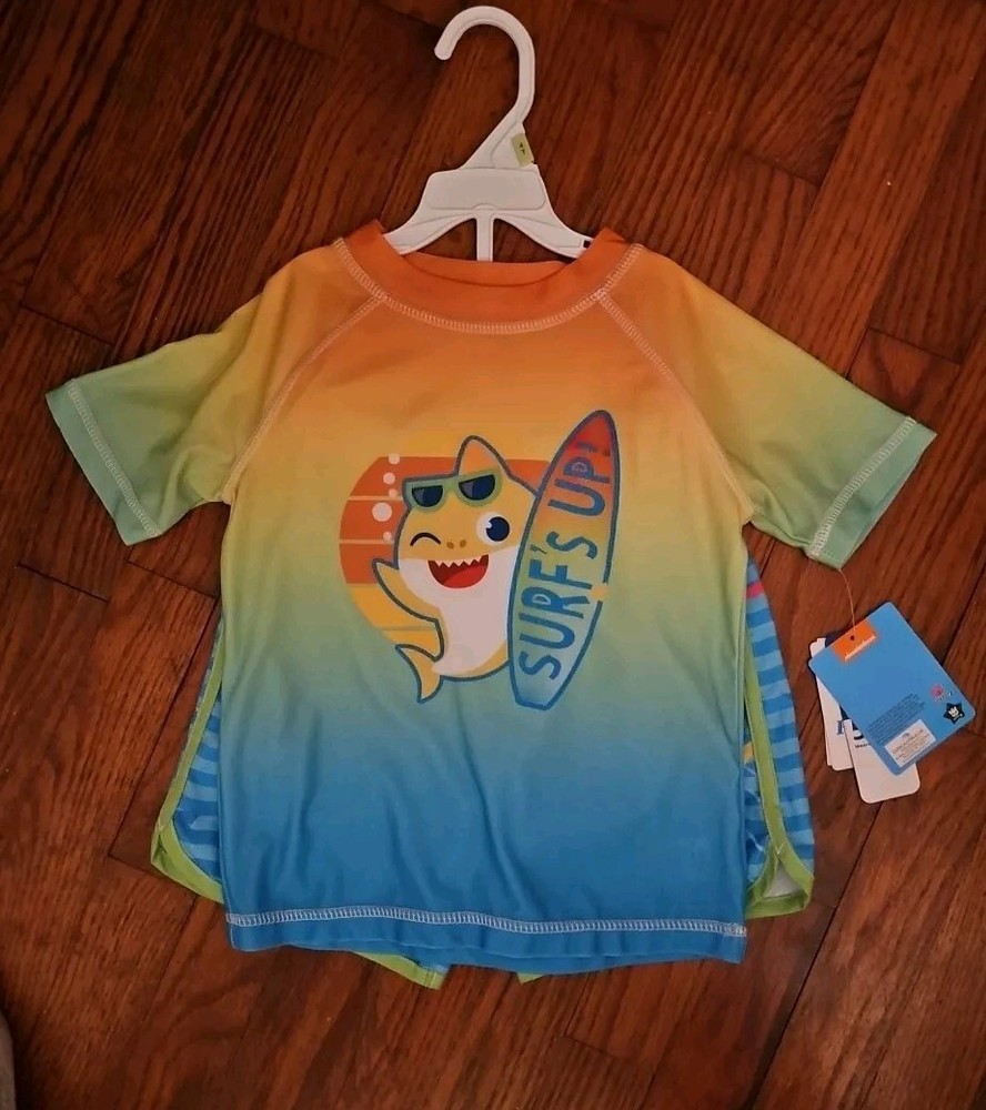 Nickelodeon Pinkfong Baby Shark Rashguard Swim Trunks/ Top Set 4T Toddler Boy