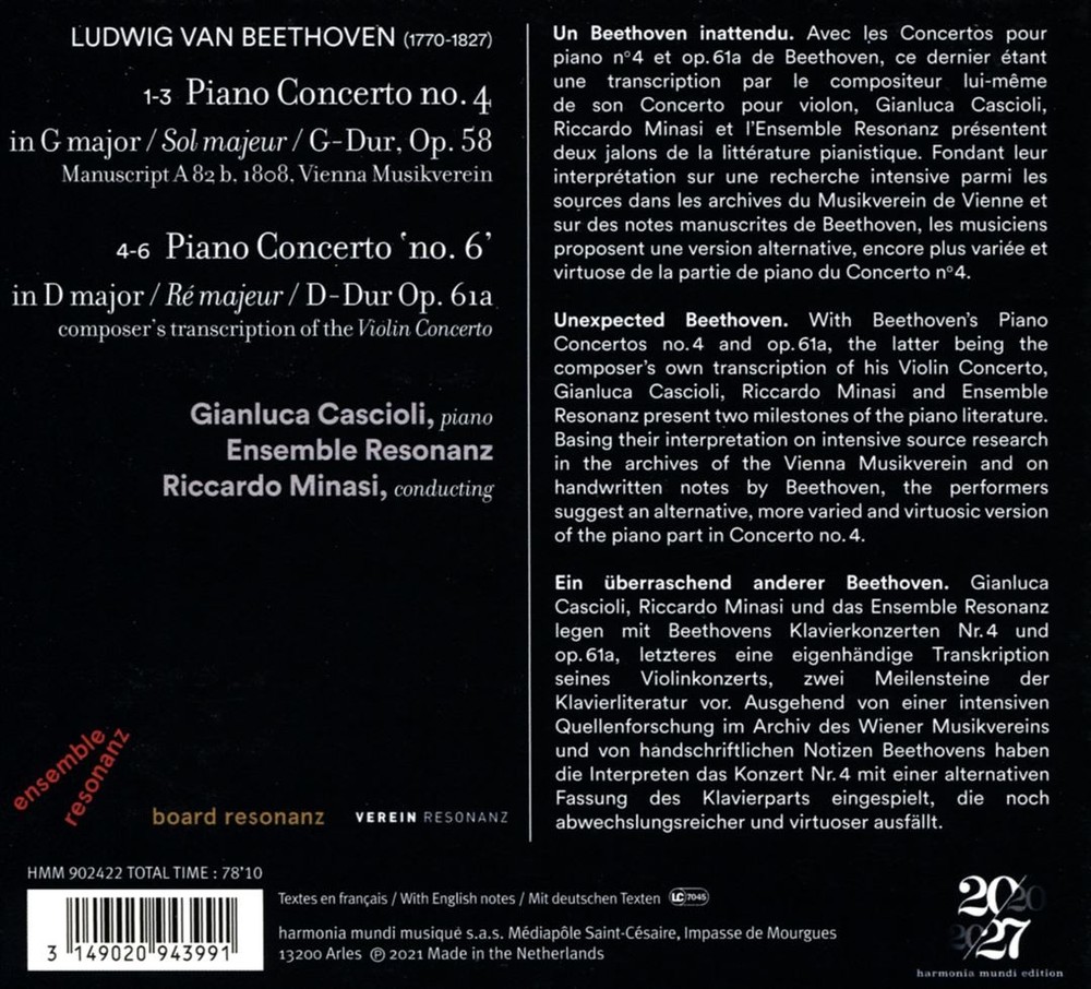 Beethoven Piano Concertos Nos 4 & 6 by Ensemble Resonanz and Riccardo Minasi CD 2021