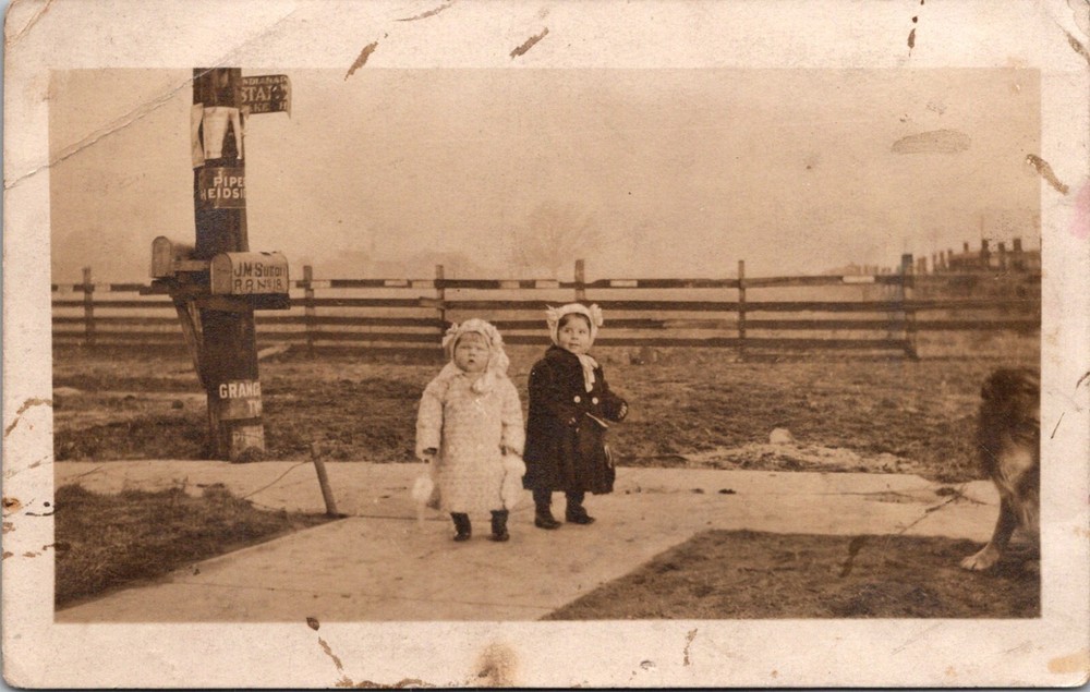 Kids in Heavy Winter Coats and Hats in Rural Scene RPPC Postcard 16513