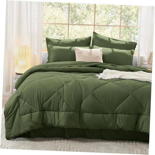 Comforter Set with Sheets - 7 Pieces Bed in a Bag Size Queen Olive Green