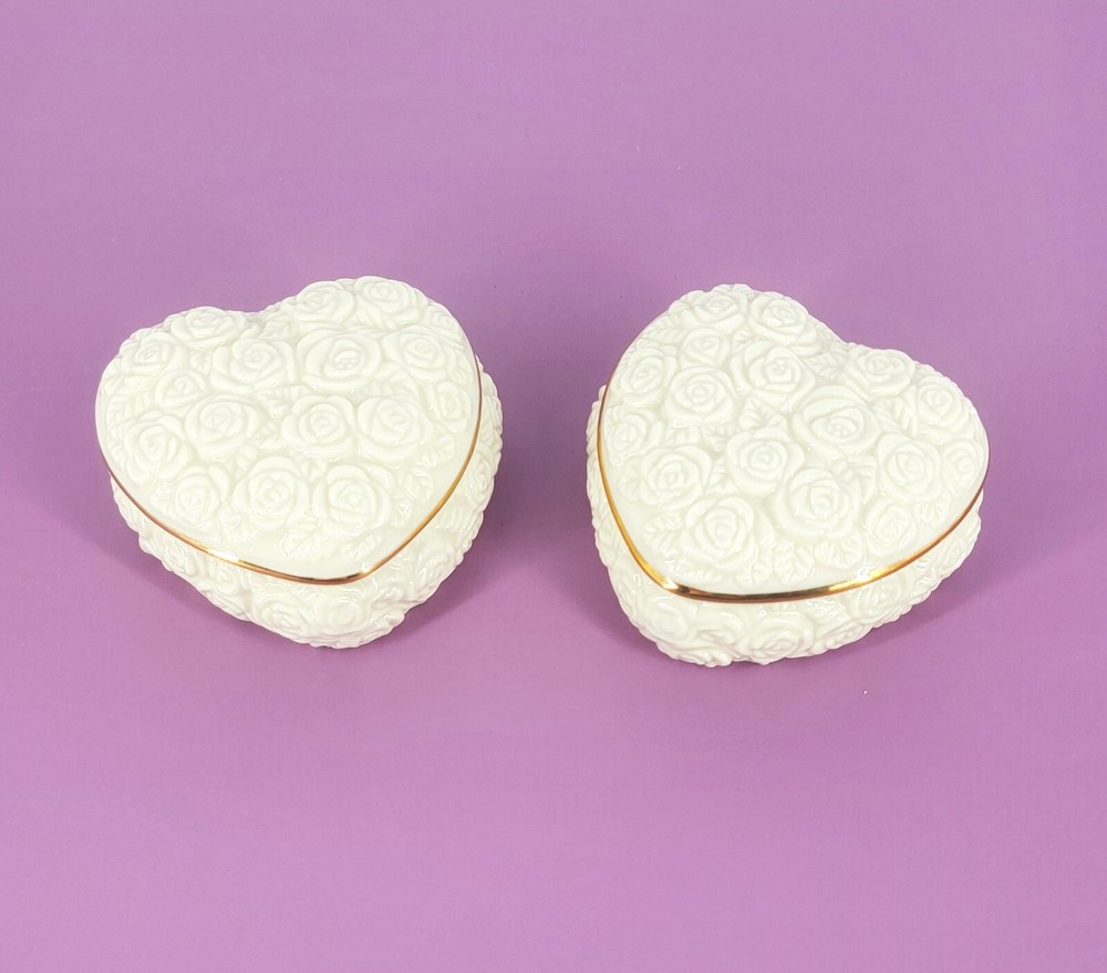 2 Lenox Ivory Porcelain Heart Jewelry Keepsake Dishes with Rose Design