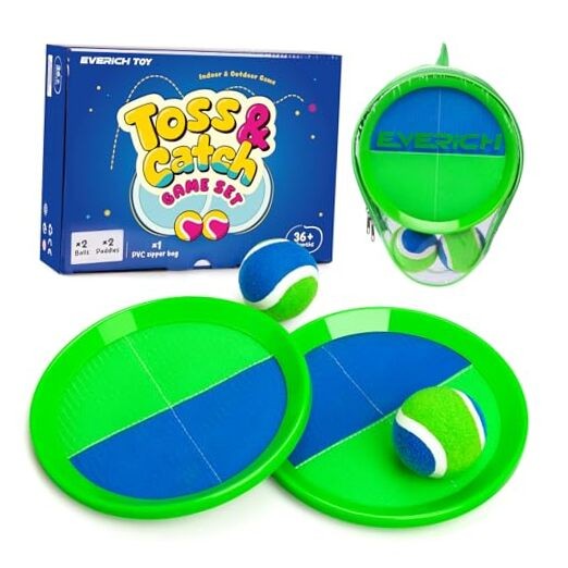 EVERICH Upgraded Toss and Catch Ball Game Set - 2 paddles 2 balls Blue Green