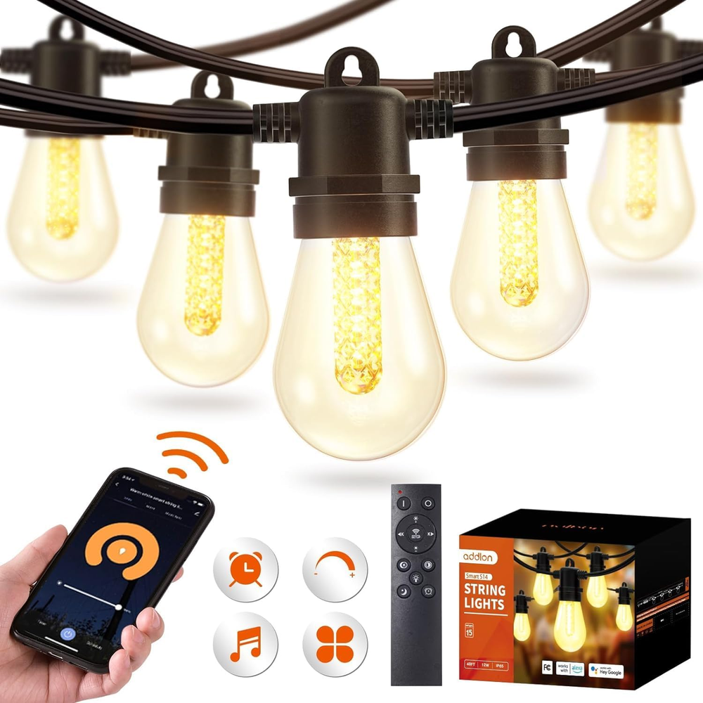 48FT Smart Outdoor String Lights with Remote, Dimmable Patio Lights with 15 LED