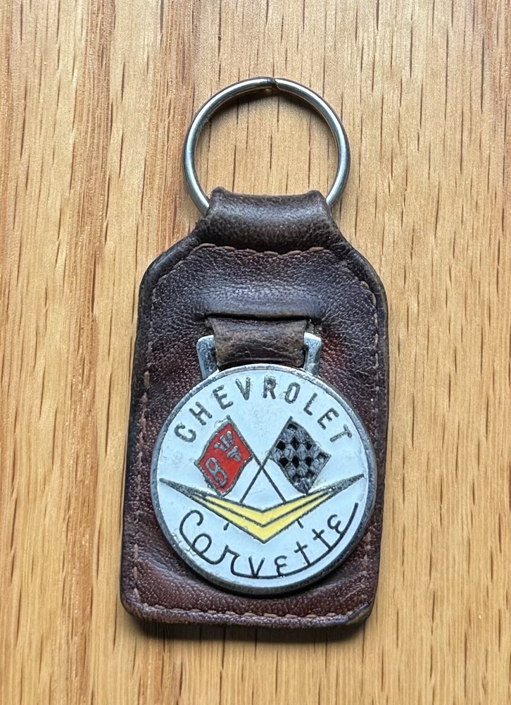 Vintage Corvette Keychain Vitreous Enamel Rare Brown Leather made in England