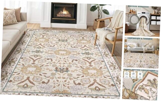 Washable Vintage Floral Nursery Rug 9x12 for Kids Girls Playroom