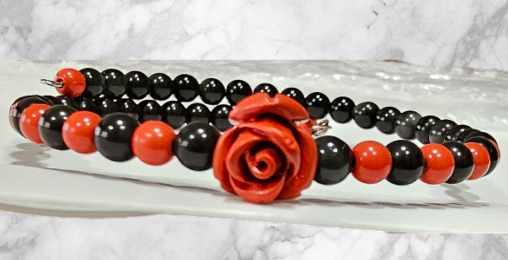 Obsidian With Cinnabar Crystal Bracelet 4.5mm With Dangling Charm & Memory Wire