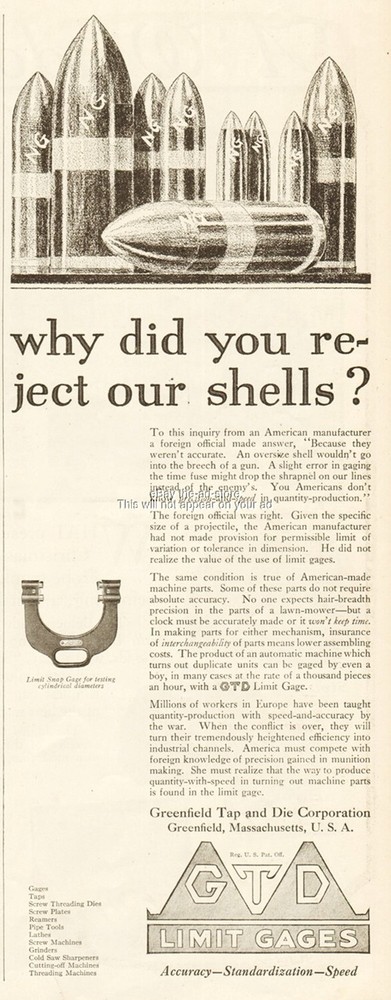 1917 Greenfield Tap And Die Antique Ad WWI Artillery Shells GTD Limit Snap Gage