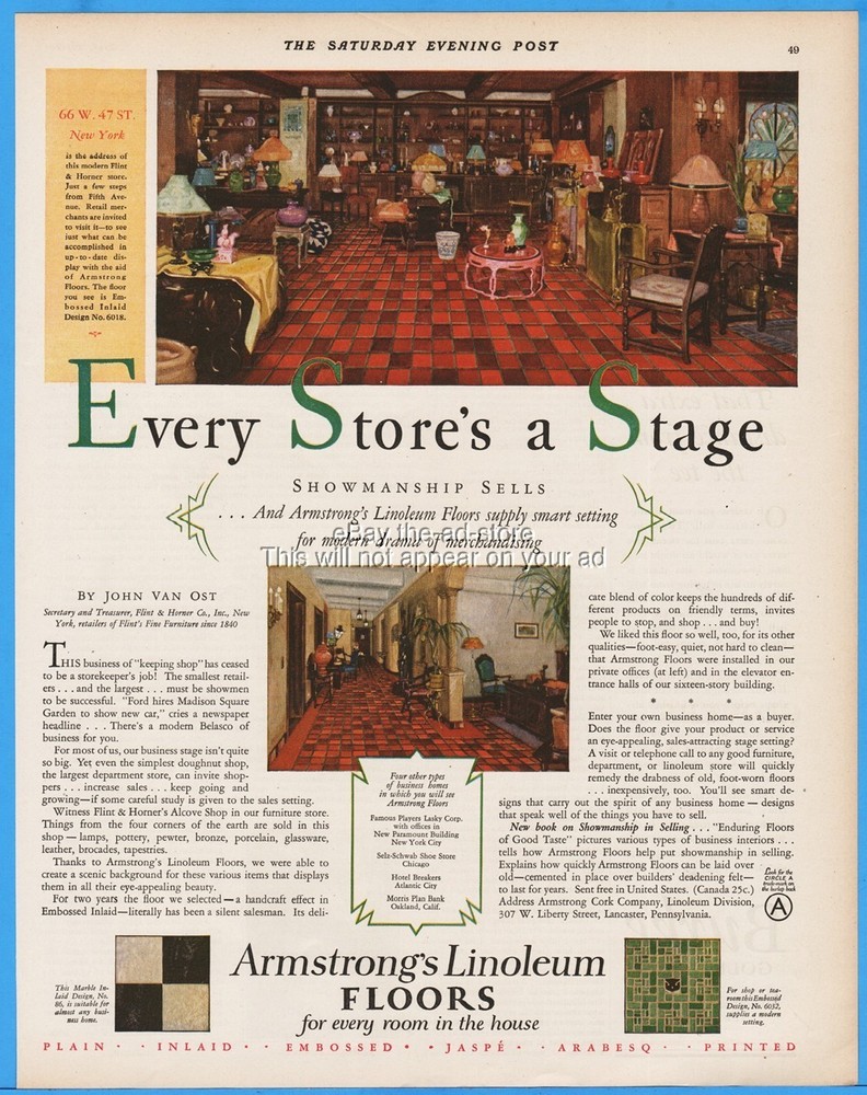 1928 Flint & Horner Furniture Store NYC Photo with Armstrong Flooring Ad