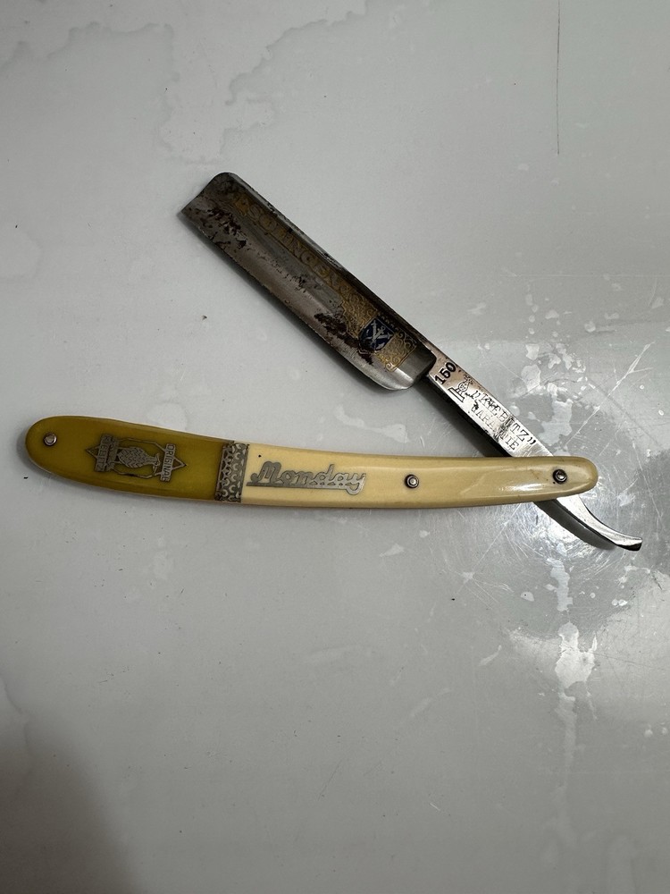 Solingen Kiebitz 150 Monday Straight Razor Inlaid Yellow & White Handle Germany