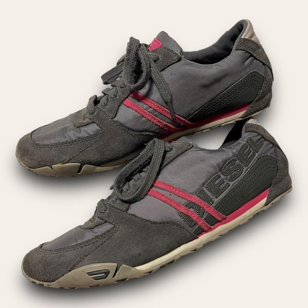 Y2K Diesel Barner Sneakers Grey Pink Women's Size 7.5 Sporty Blokette Running