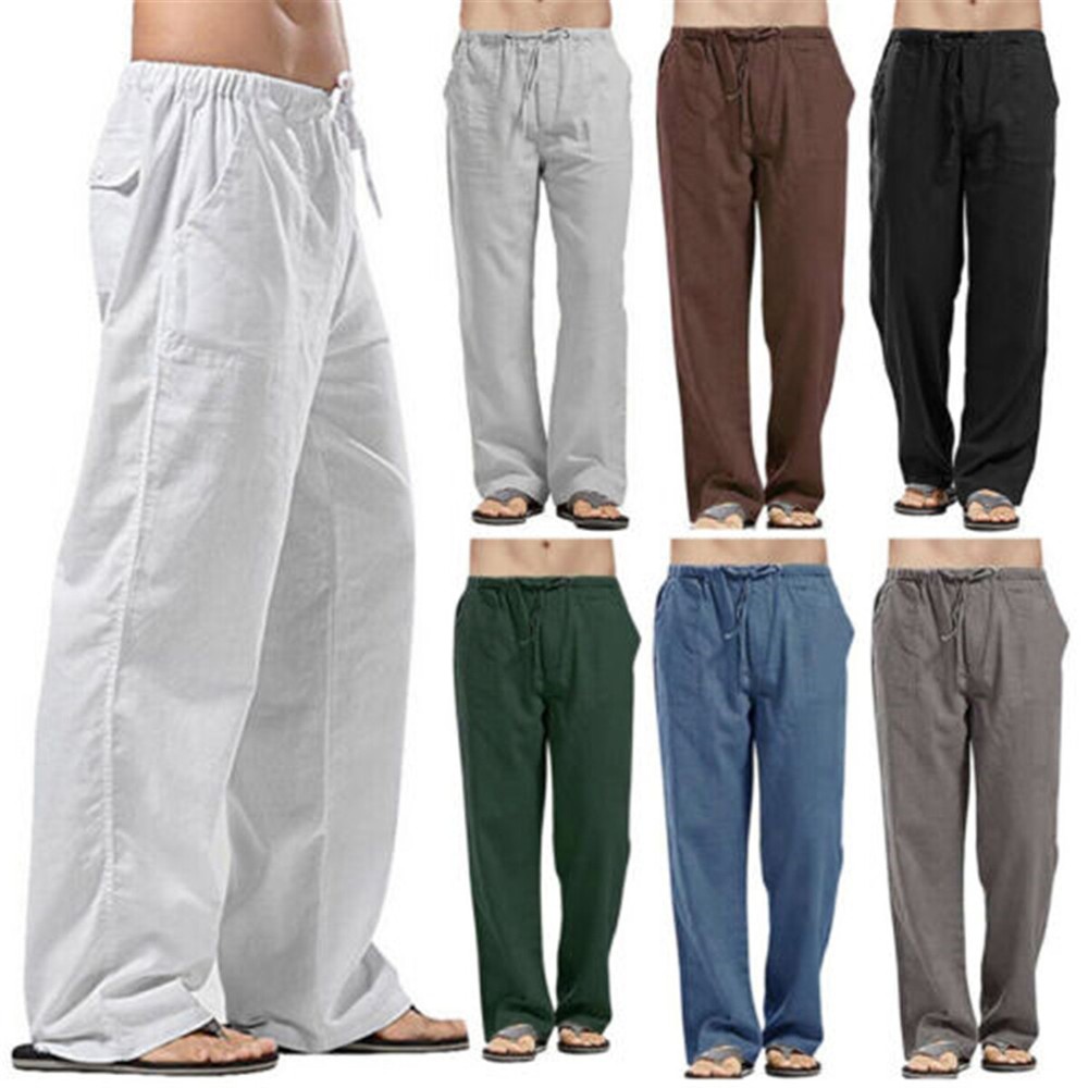 Men Cotton Linen Casual Loose Long Straight Pants Sports Sweatpants Beach Pant