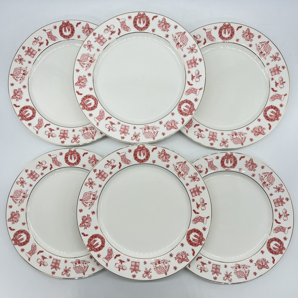 Grace Teaware Country Christmas Red/White Porcelain S/6 DINNER Plates 10.25