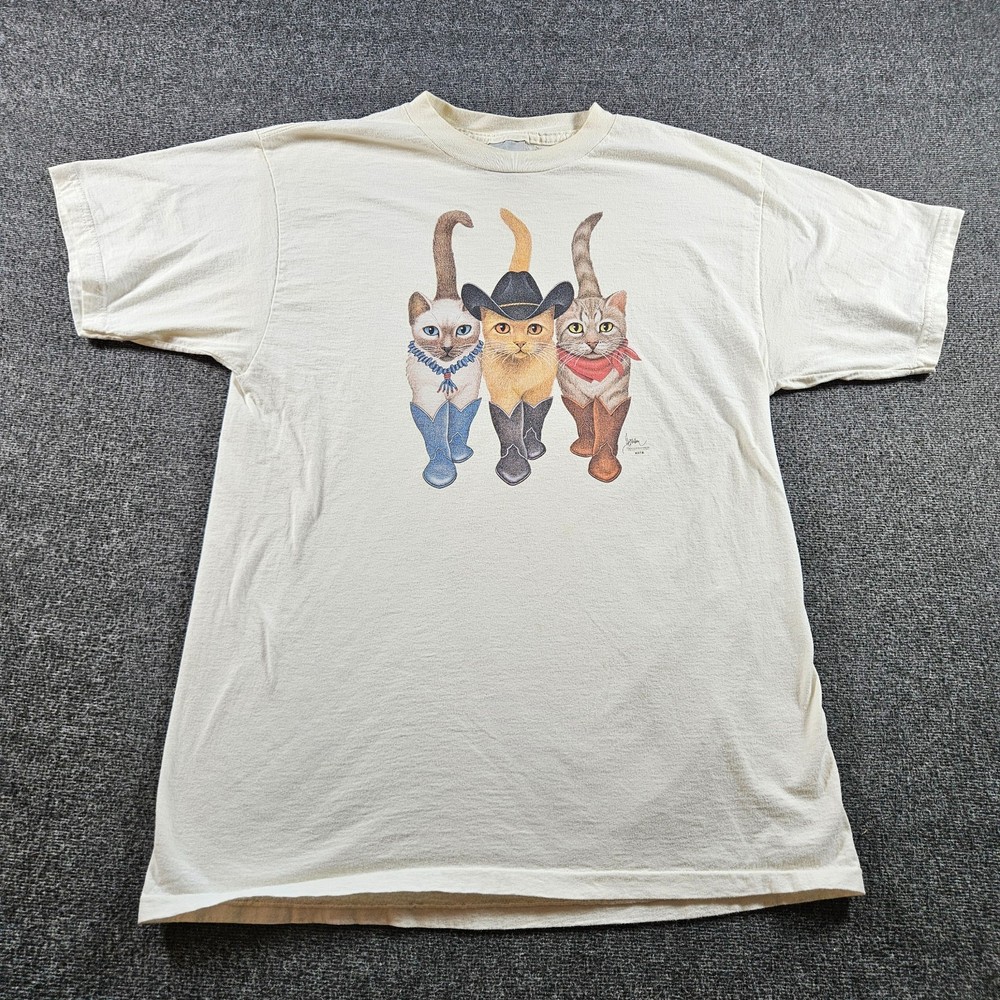 Vintage Cat Cowboys White Funny Graphic T-shirt 90s Nature Cat Tee Size Large