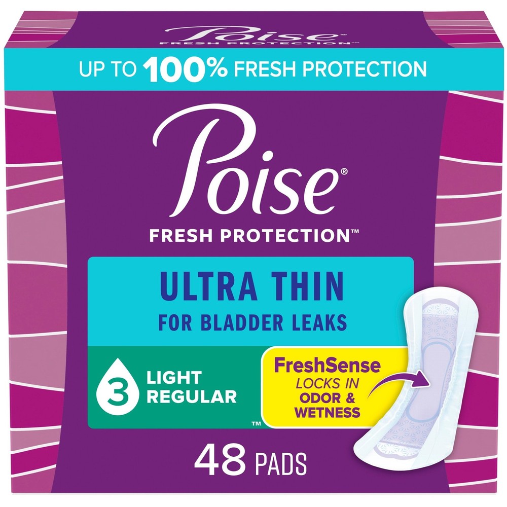 Poise Ultra Thin Incontinence Pads, 3 Drop Light Absorbency,  48 Count