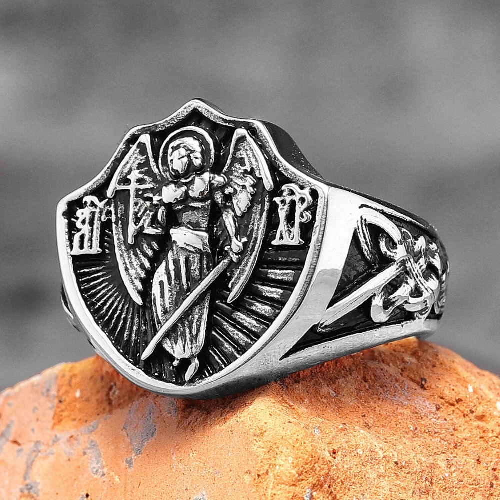 Archangel St.Michael Religion Amulet Stainless Steel Mens Rings Punk for Male