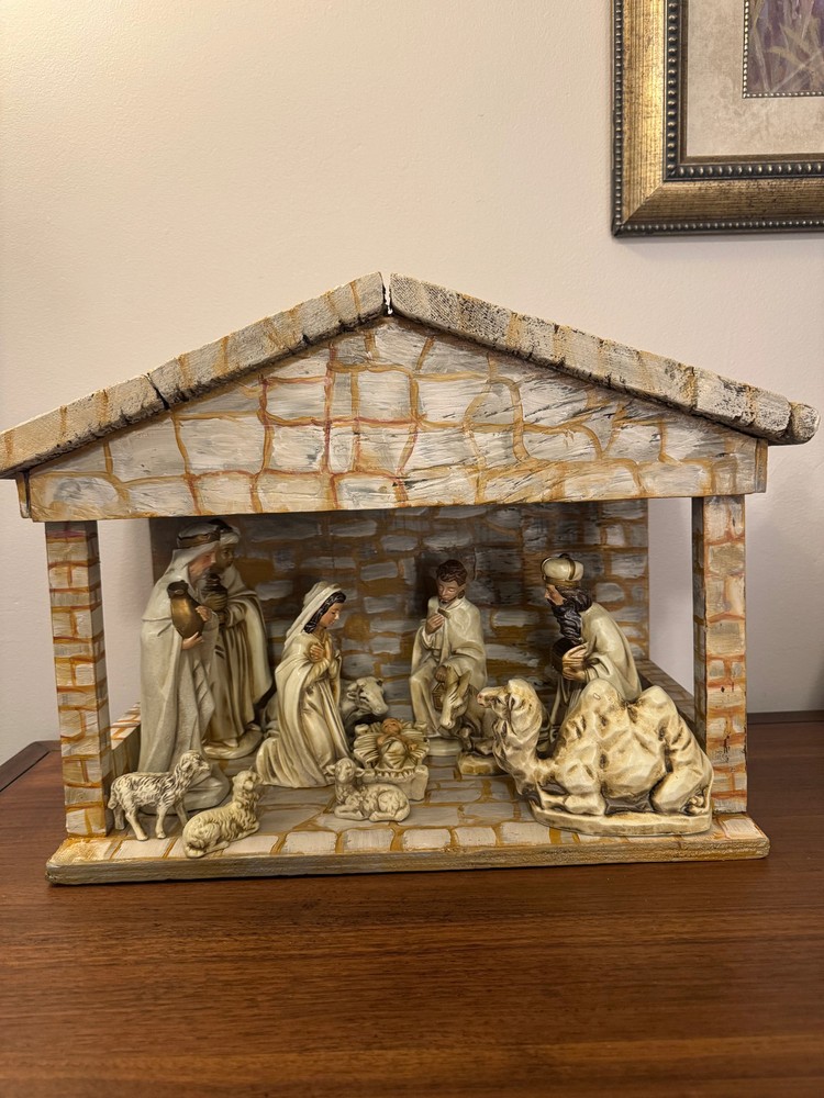 Vintage Nativity Set Japan Papier Mache with Handmade Manger