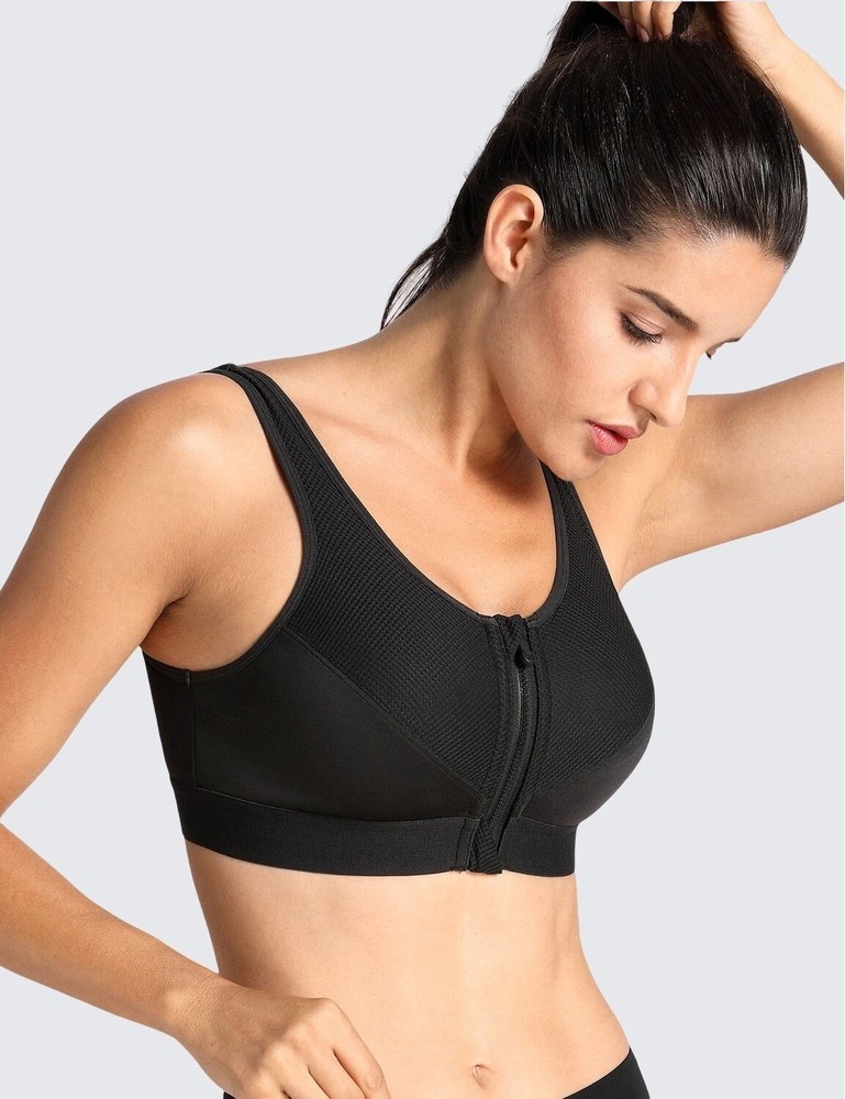 SYROKAN Women's Zip Front Wireless High Support Zipper Sports Bra Size 34C