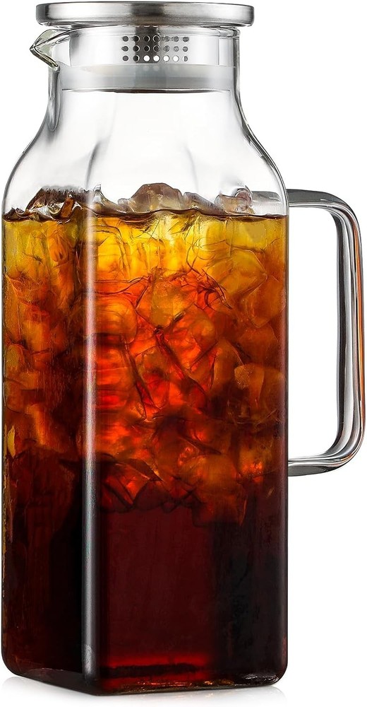 2 Quart Square Glass Pitcher with Lid - 68 oz Clear Capacity