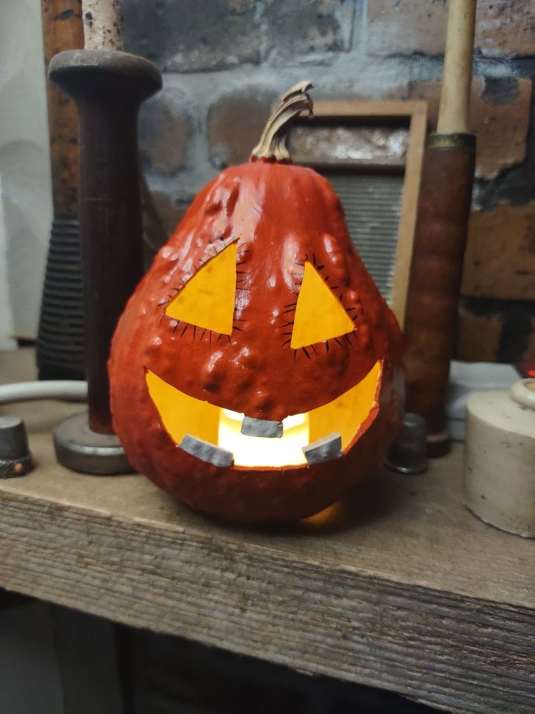 Handmade Jack-o-Lantern Gourd Candle Holder with Battery-Operated Light