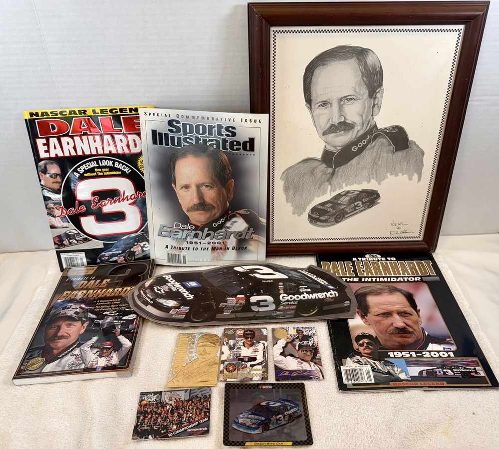 Collection Of Dale Earnhardt Memorabilia With Magazines, Framed Drawing & Cards